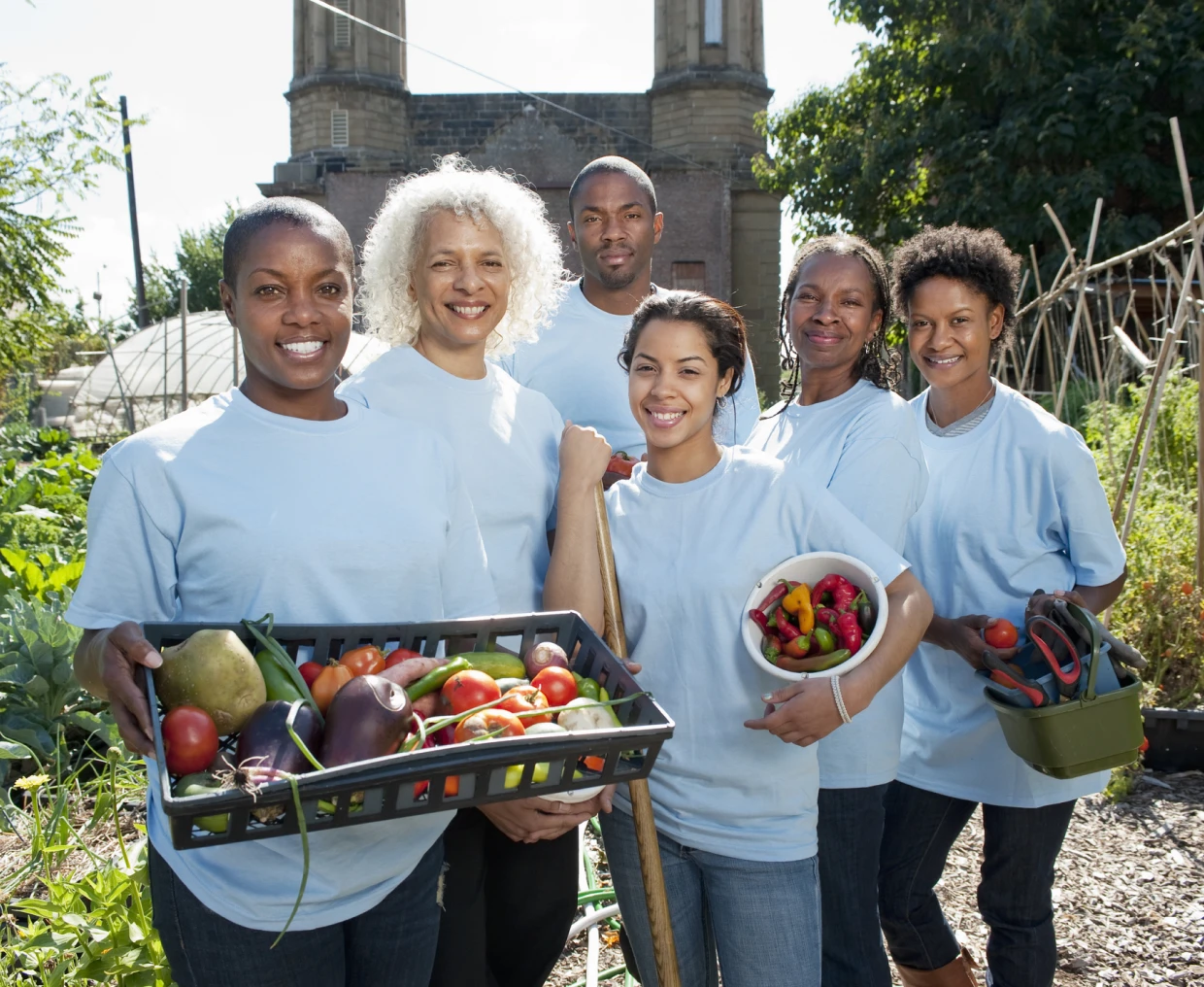 Group gardening with fresh vegetables outdoors.